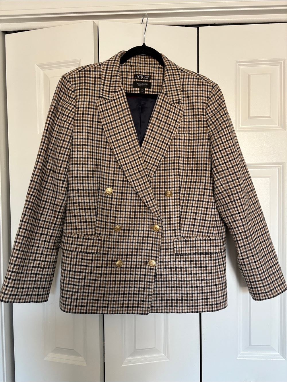 J. Crew Nello Gori Double-Breasted Houndstooth Blazer in Tan & Black - Size 16